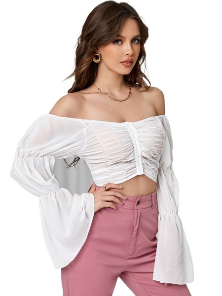

off shoulder ruched button front bell sleeve crop p7yv#, White