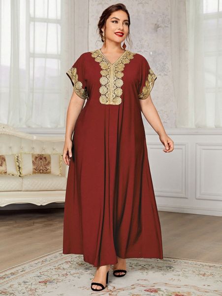 

plus batwing sleeve floral embroidery taped dress x98q#, Black