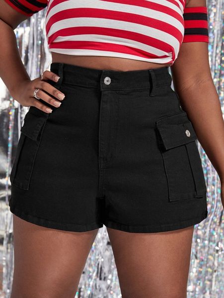 

plus flap pockets denim shorts 60j9#, White;black