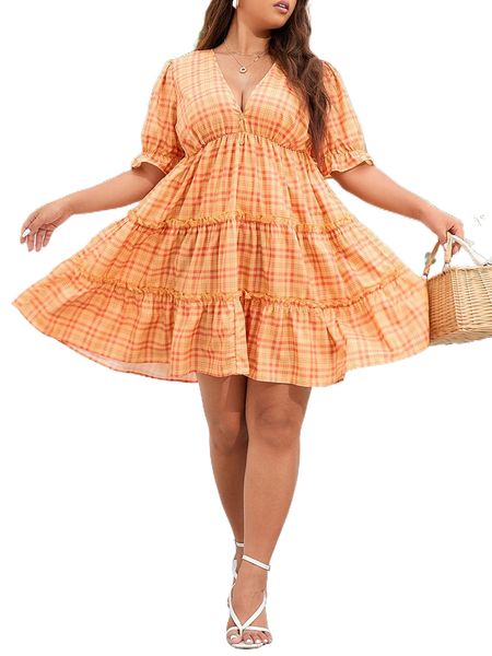 

plus plaid flounce sleeve ruffle hem dress c2ma#, Black