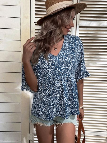 

allover print flounce sleeve blouse f3lc#, White