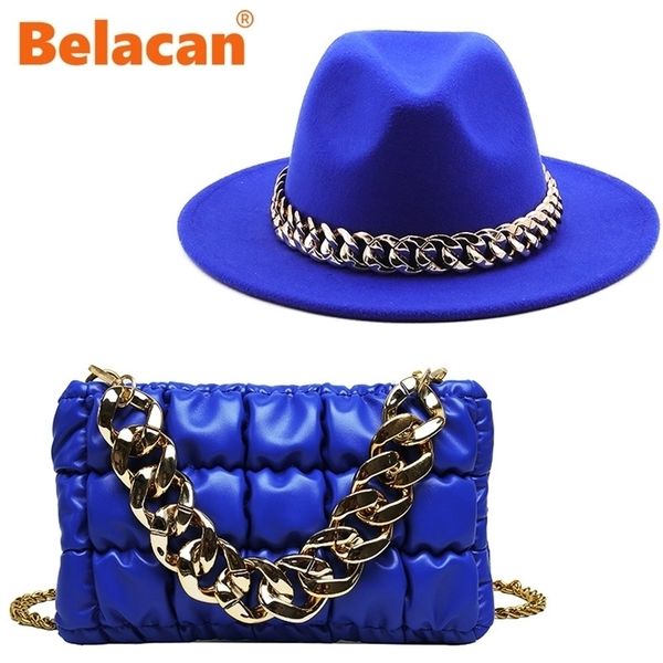 

fedora hats women luxury accessories gold chain bag set ladies leather tote church elegant wild jazz hat party 220725, Blue;gray