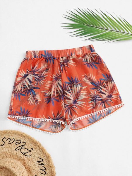 

plant print pom-pom decor cover up u2gc#, White;black