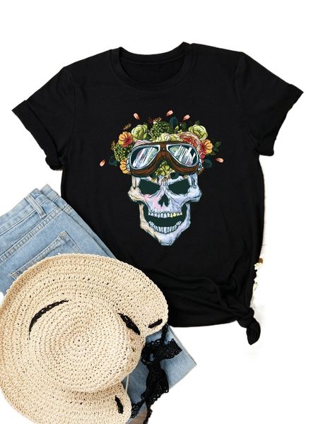 

plus floral & skull print tee q8ln#, Black