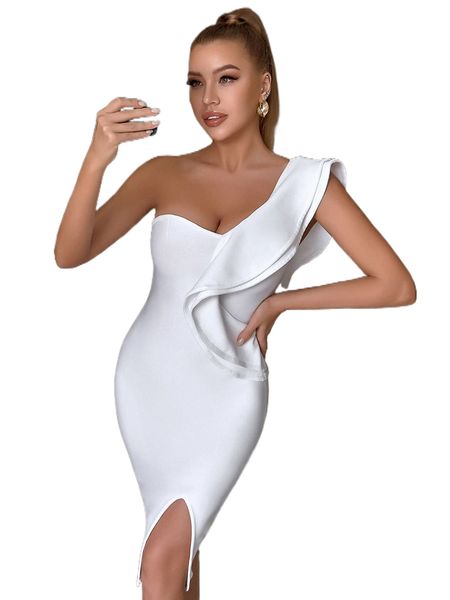 

adyce one shoulder ruffle trim split hem bandage dress z8g6#, Black;gray