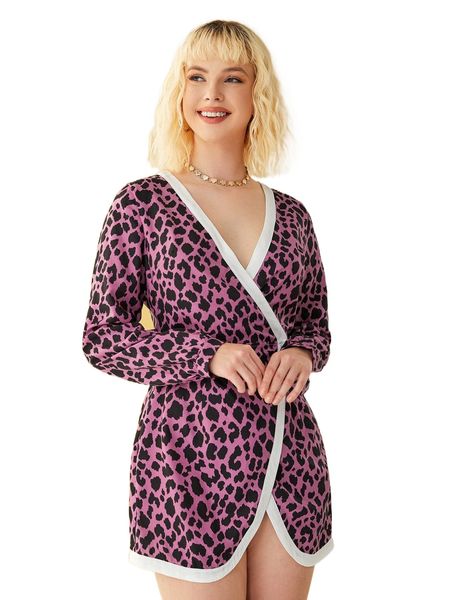 

x tanya dim leopard print contrast trim wrap dress v86k#, Black;gray