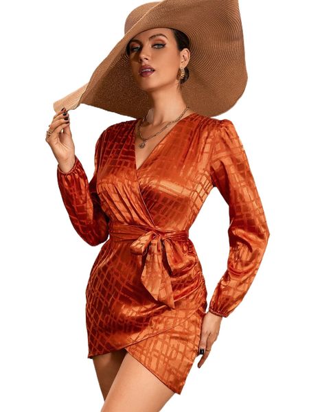 

surplice neck wrap hem belted dress j3mu#, Black;gray