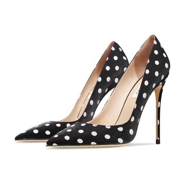 Berühmte Marke 2022 Neues Frühjahr Echtes Leder Polka Dot Spitze Zehen High Heels Flache Mode Pumps Schwarze Seide Damen Kleid Schuhe 10cm Designer Klassischer Luxus