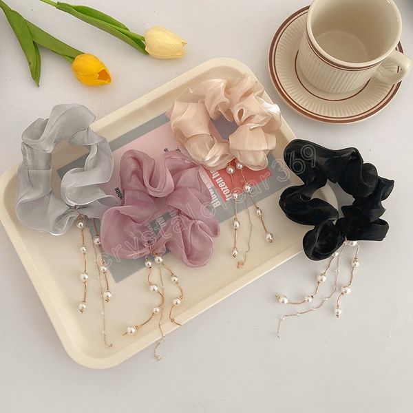 

fashion pearl tassel scrunchies solid rubber bands for women girls korean elastic hairbands ponytail hold hair accessories, Slivery;white