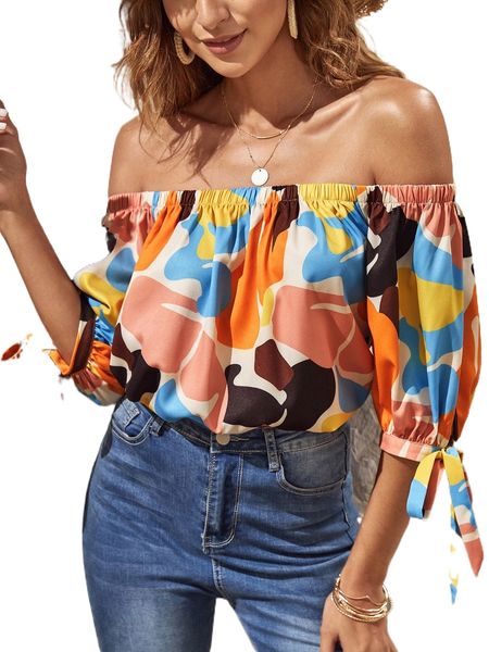 

off shoulder knot cuff graphic print blouse a9fc#, White
