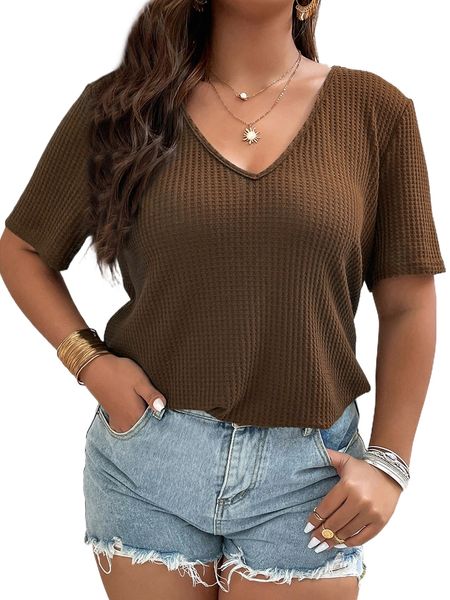 

plus waffle knit solid tee u8rx#, Black