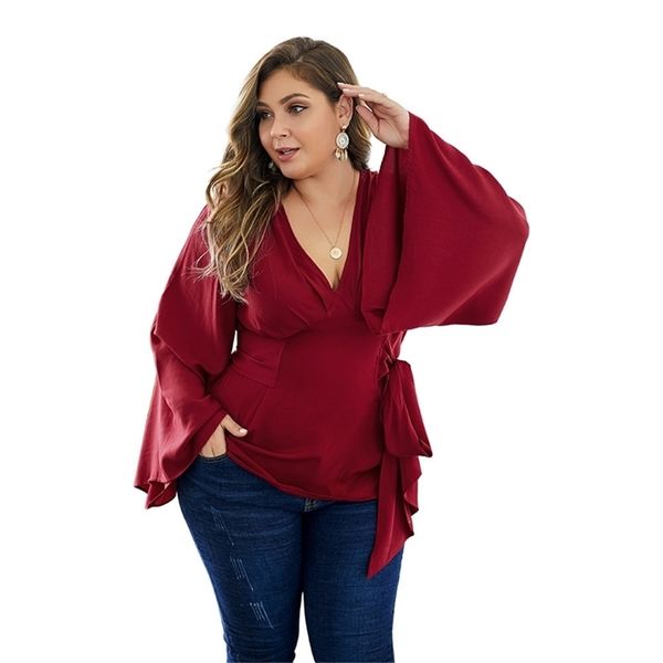 

autumn winter blouse women v neck flare long sleeve blouse plus size bow belt elegant solid ladies tunic 201202, White