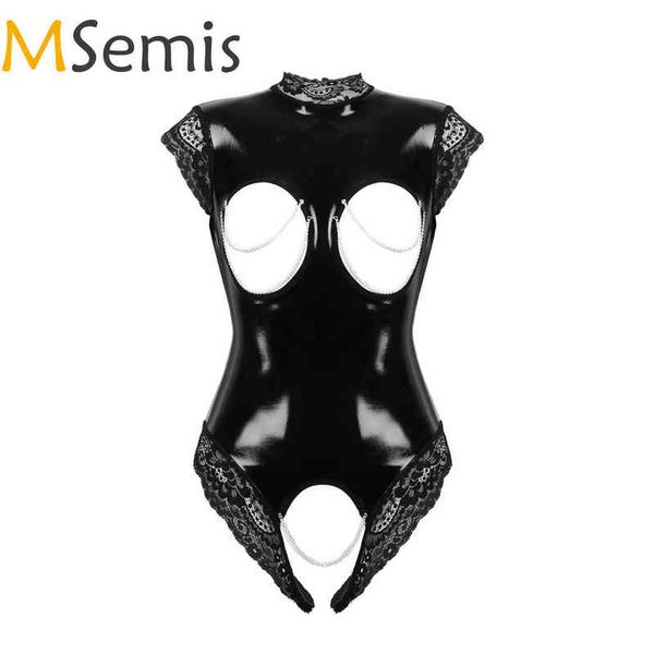 Damen Dessous Hot Bodysuit Unterwäsche Offene Brust Ouvert Spitze Getrimmt Offene Tasse Brustwarzen Loch Lackleder Sexy Mujer Puta H220425