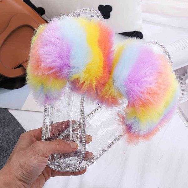 

slippers summer women's shoes rainbow rhinestone flat with ladies furry open toe plush outdoor plus size female slides 220530, Black