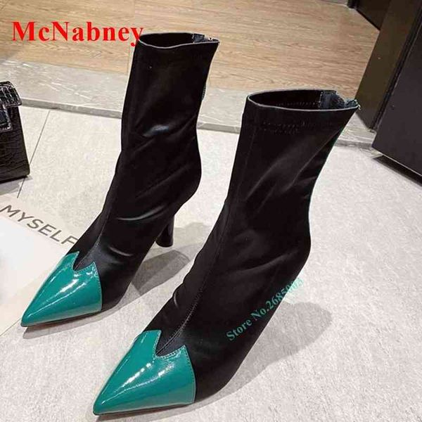 

patchwork thin french high heel boots pointy toe back zipper strange style fashion women shoe newborn autume party dress boots 220514, Black