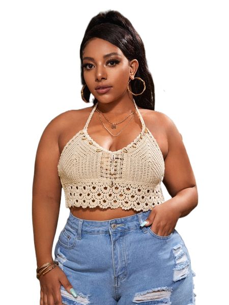 

plus tie backless pointelle knit cover up 19yx#, Black