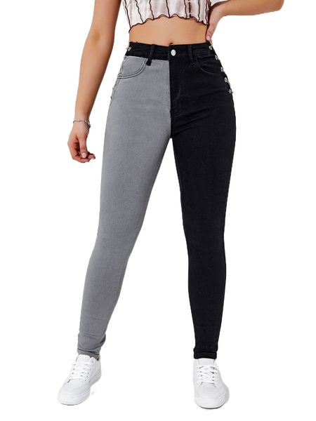

high waisted colorblock grommet lace up skinny jeans a15z#, Blue