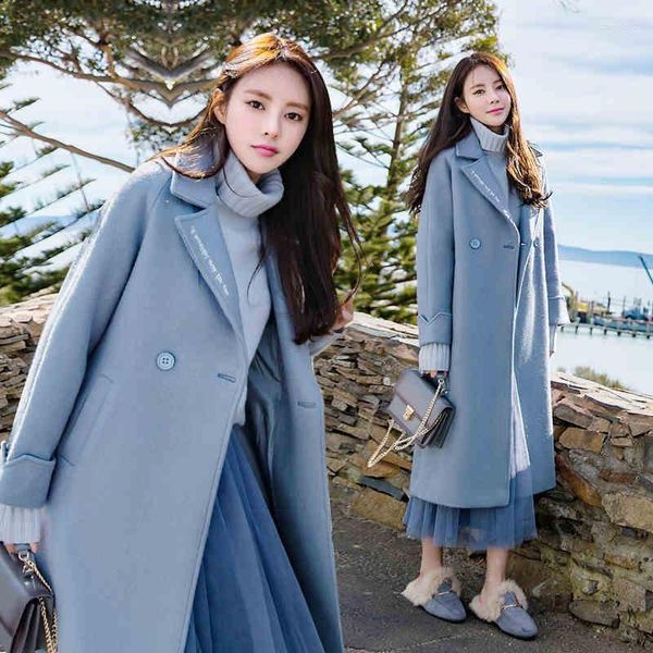 Misto lana da donna Inverno Donna Cappotti 2022 Autunno e cappotto di lana Giacca temperamento moda blu Sezione lunga femminile