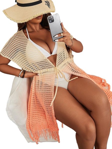 

plus ombre batwing sleeve drawstring waist fringe trim split hem kimono e19v#, Black;gray