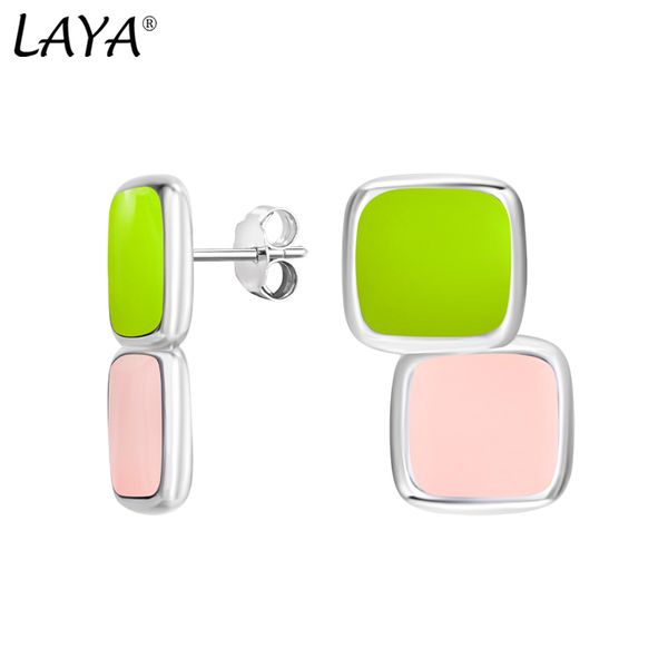 

laya stud earrings for women 925 sterling silver geometric design square white black green pink fine jewelry handmade enamel 2022 trend, Golden;silver