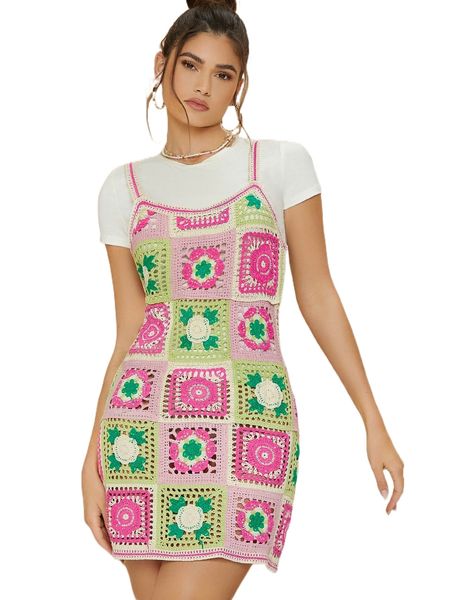 

floral pattern open knit sweater dress without w5lr#, White;black