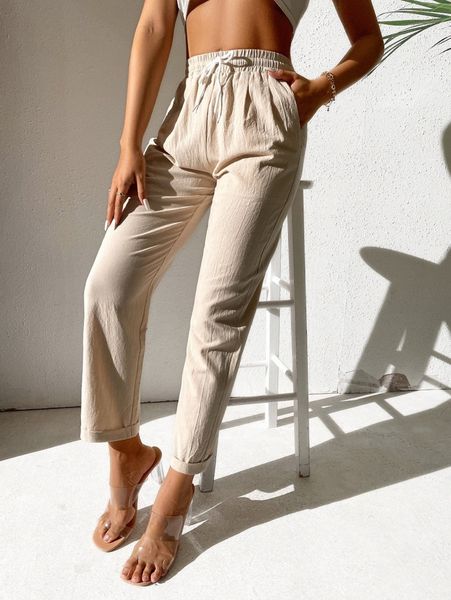 

petite drawstring waist straight leg pants e9g3#, Black;white