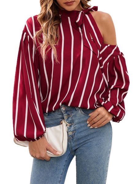

striped print tie neck cut out bishop sleeve blouse g4xq#, White
