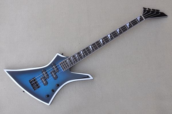 

factory custom 4-string blue electric bass guitar with flame maple veneer,black hardwares,rosewood fretboard,white strip,offer customized