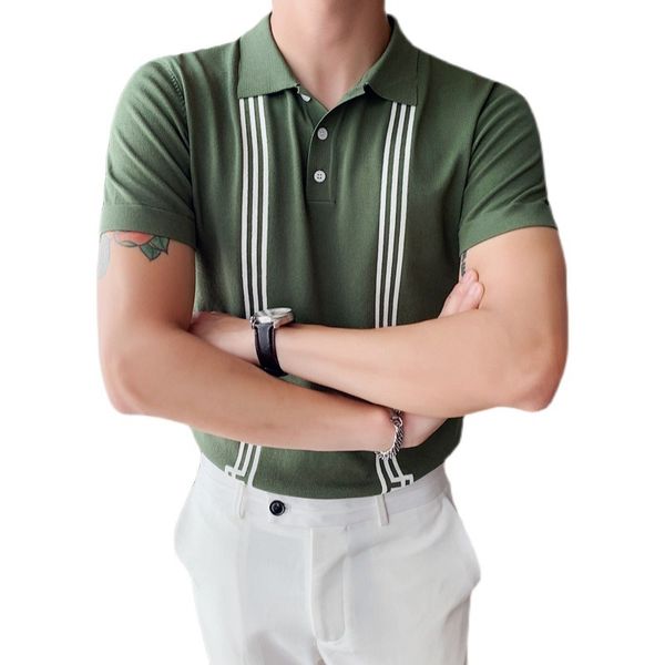 

men's polos knitted shirts for men contrast stripes shorts sleeve hombre ice silk breathable casual slim business social clothing, White;black