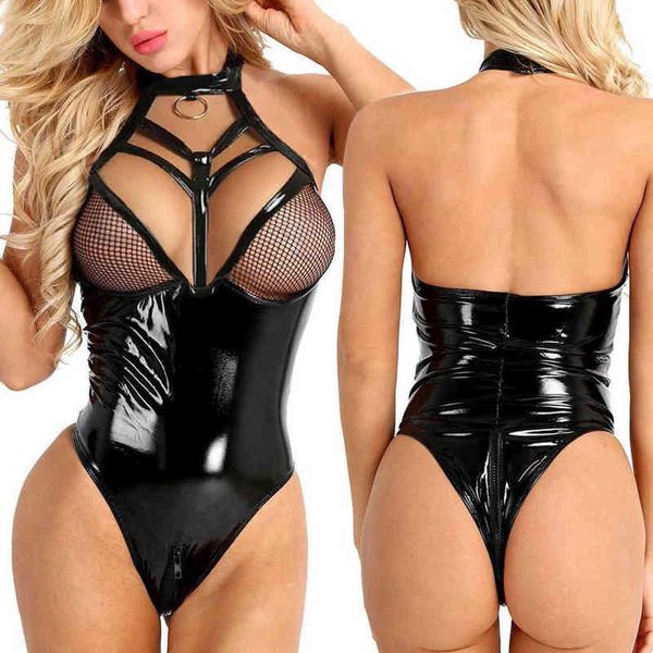 Taglie forti Tuta da donna Punk Pelle verniciata nera Lolita Lingerie sexy Catsuit Latex Allettante Emozionante Manette Sleepwear G220414