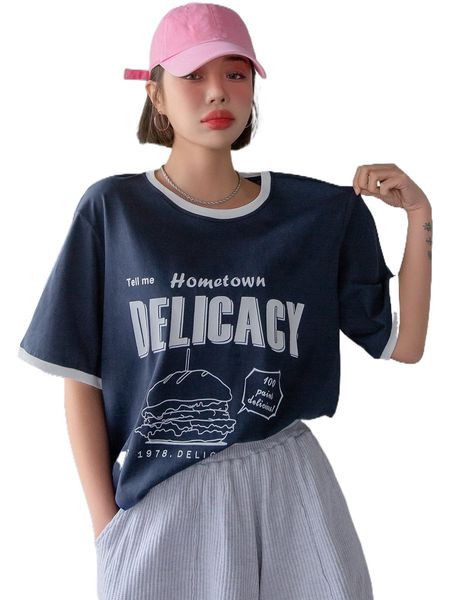 

dazy hamburger & letter graphic contrast binding drop shoulder tee h5zd#, White