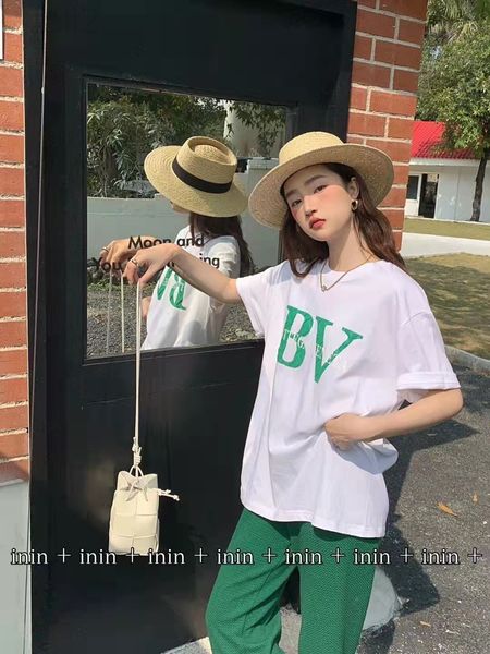 

women's t-shirt designer 2022 spring and summer new green woven three-dimensional letter printing loose versatile medium long short sle, White
