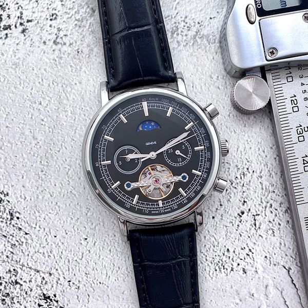 

genuine leather business luxury wristwatches mens watch mechanical automatic day date flywheel moon phase watches for men valentine's f, Slivery;brown