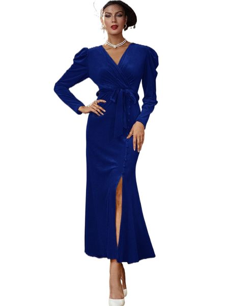 

gigot sleeve button detail split thigh belted dress l4u1#, Black;gray