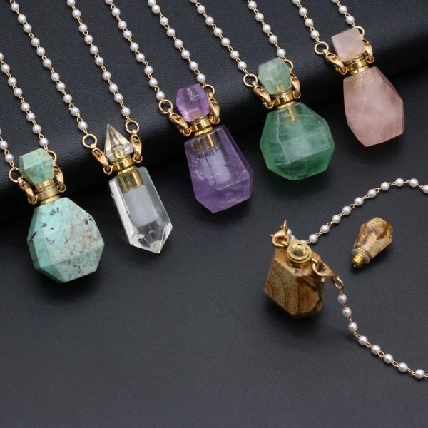 

pendant necklaces natural stone amethysts perfume bottle necklace gold color pearl chain jewelry for women reiki heal vial gifts, Silver