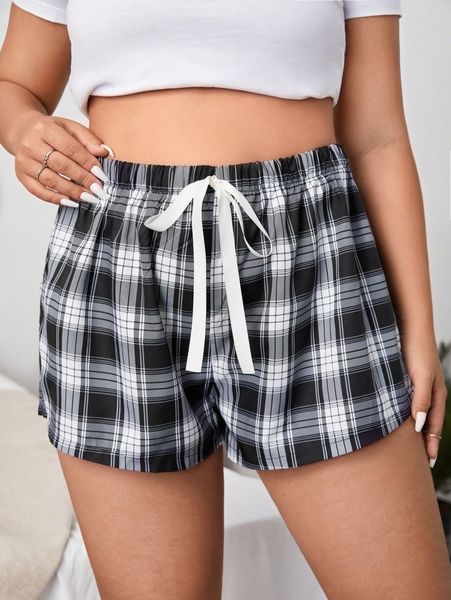 

plus plaid knot front sleep shorts 484j#, Black;white