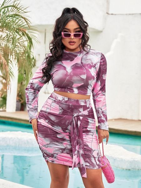 

plus graphic print crop tee & knot front bodycon skirt a00q#, Black