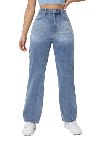 

pearls detail slant pocket straight leg jeans n4i7#, Blue