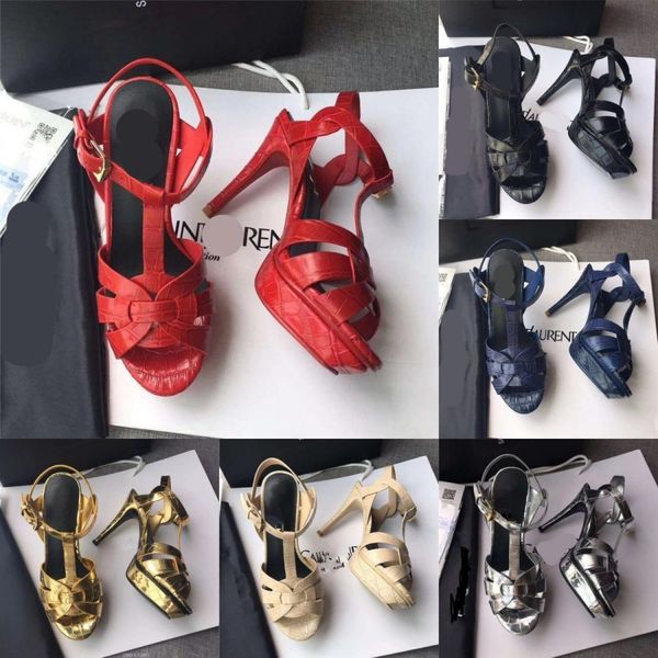 

italy designer luxury tribute sandals summer shoes 100mm high heels women's shoes stone grain cowhide gold-tone hardware sandal branded, Black