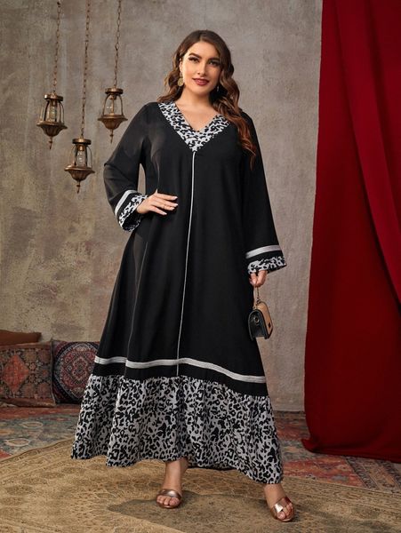 

plus leopard contrast tape maxi dress 629h#, Black