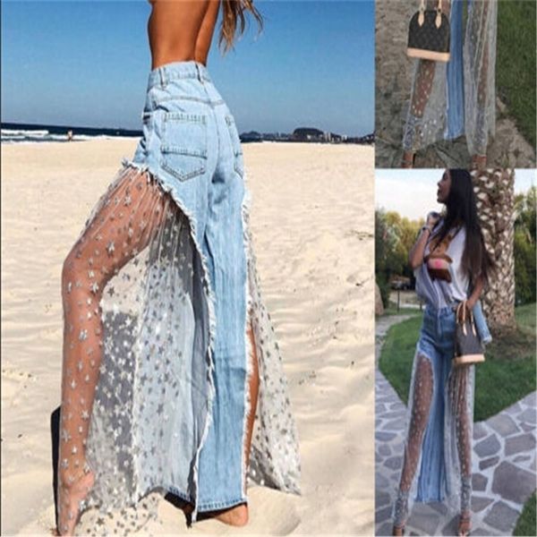

fashion women boot cut denim pants star printed mesh patchwork wide leg long pants casual high waist loose trousers lady clothes t200606, Black;white