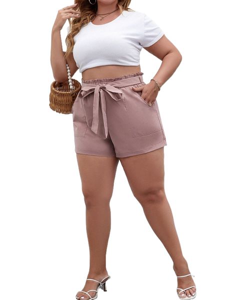 

plus paperbag waist slant pocket belted shorts m1jw#, Black