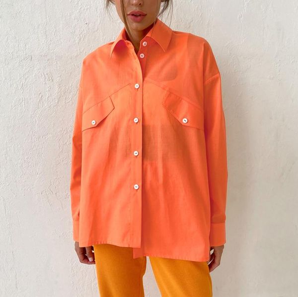 Blouses feminina camisa laranja mulher camisa 2022 verão elegante manga comprida moda algodão streetwear sólido top green feminino feminino