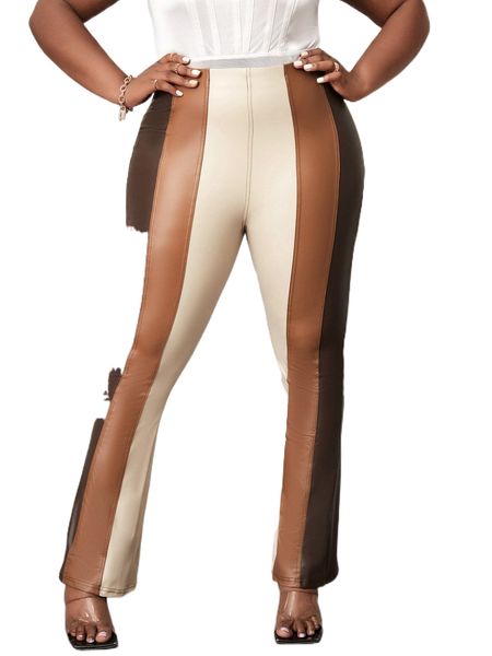 

sxy plus color block pu leather flare leg pants q1ch#, Black