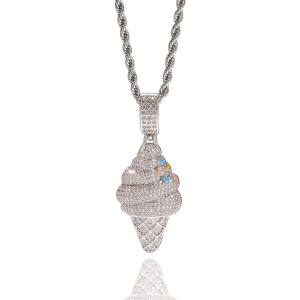 

hip hop aaa cubic zirconia bling iced out silver color ice cream pendants necklace for men women fashion jewelry drop shipping 201014