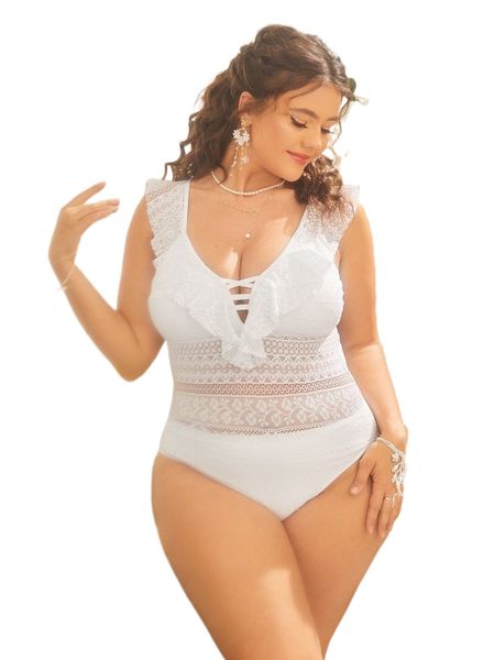 

plus contrast lace ruffle trim one piece swimsuit o63q#, White;black
