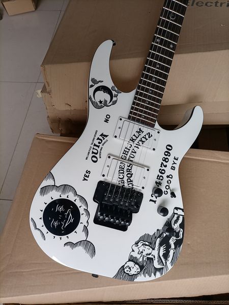

6 string white electric guitar with moon pattern active pickups