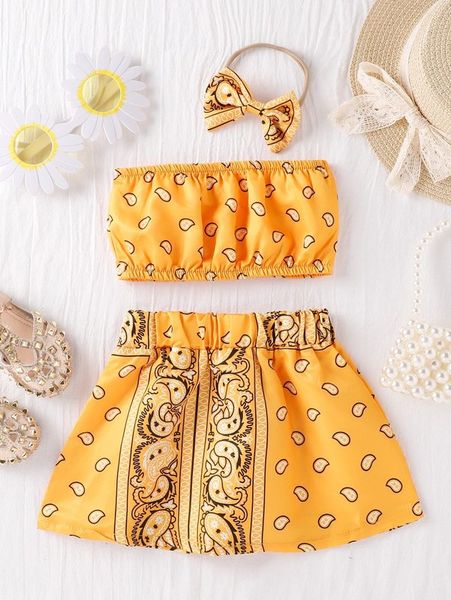 

toddler girls paisley print tube & skirt & headband she, White