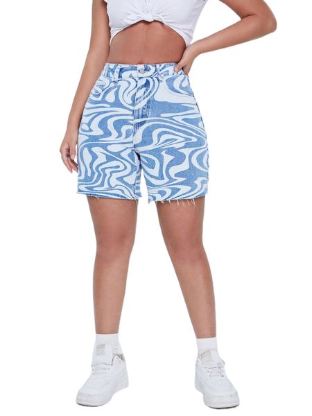 

marble print raw hem denim shorts 83ka#, White;black