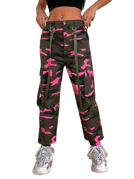 

camo print strap detail flap pocket side cargo pants f6xp#, Black;white